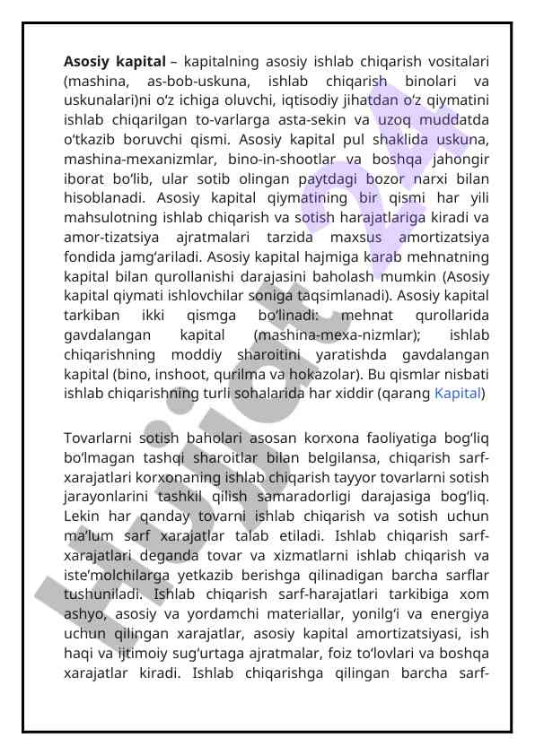 Asosiy kapital va uning iqtisodiy ahamiya