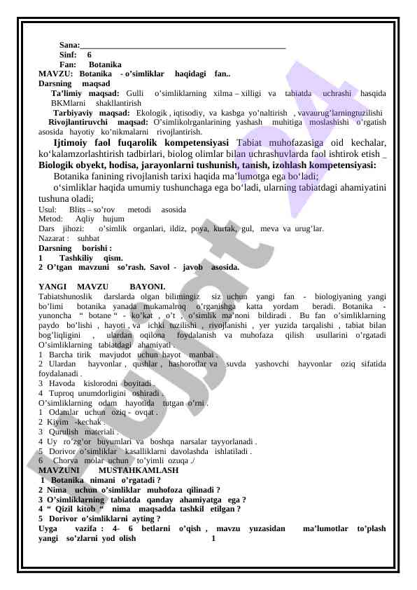 O’simliklarning hayotiy shakllari dars rejasi