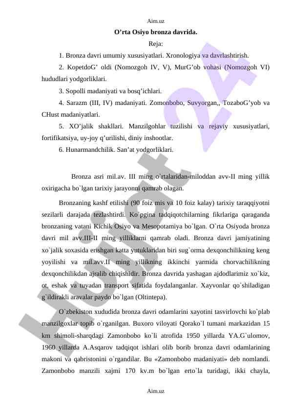 O’rta оsiyo brоnza davrining xususiyatlari