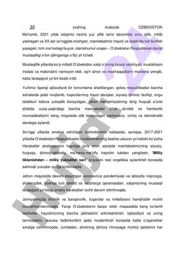 O‘zbekiston mustaqilligiga 30 yil: taraqqiyot va o‘sish