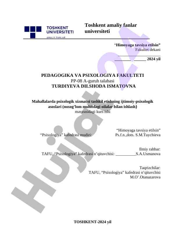 Mahallalarda psixologik xizmatni tashkil etish