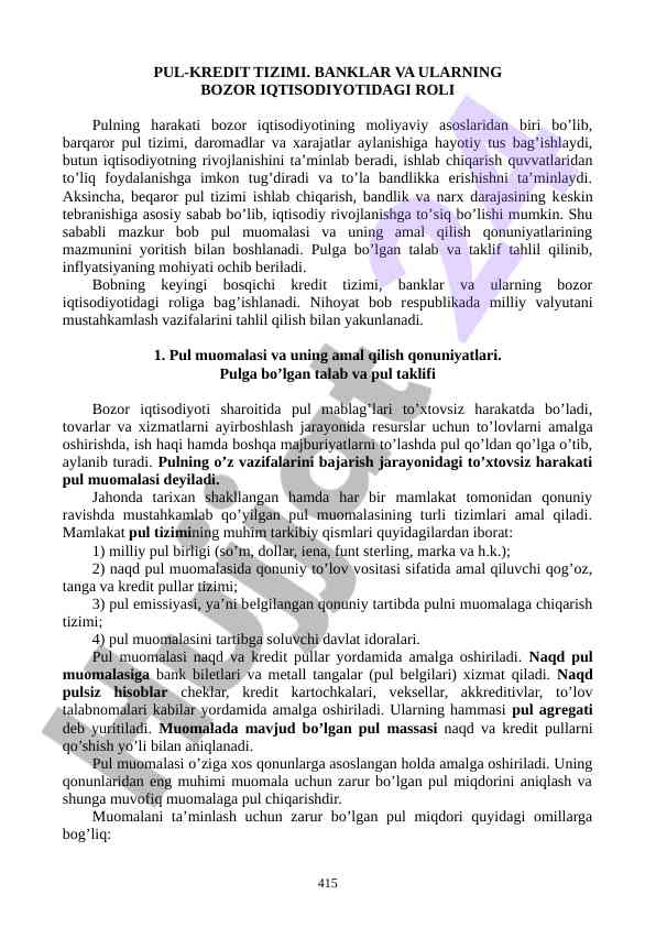 Pul muomalasi va kredit tizimi bozor iqtisodiyoti