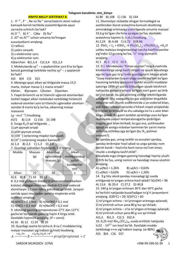 Kimyo milliy sertifikat savollari