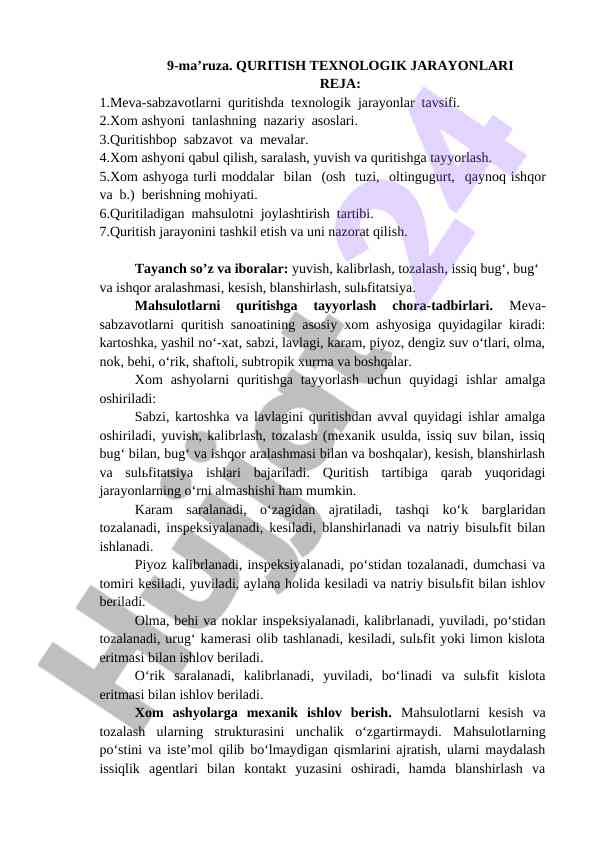 Quritish texnologik jarayonlari taqdimoti