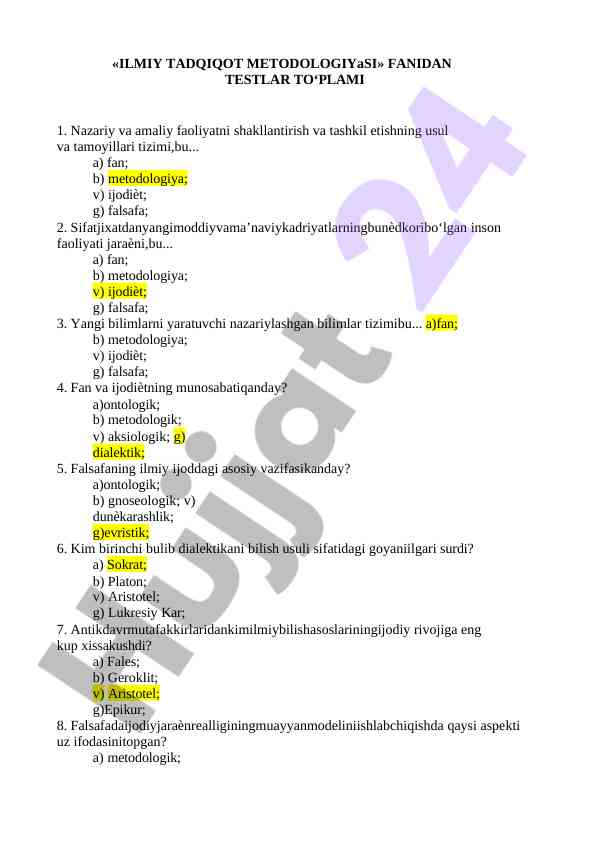 Ilmiy tadqiqot metodologiyasi fanidan testlar to‘plami