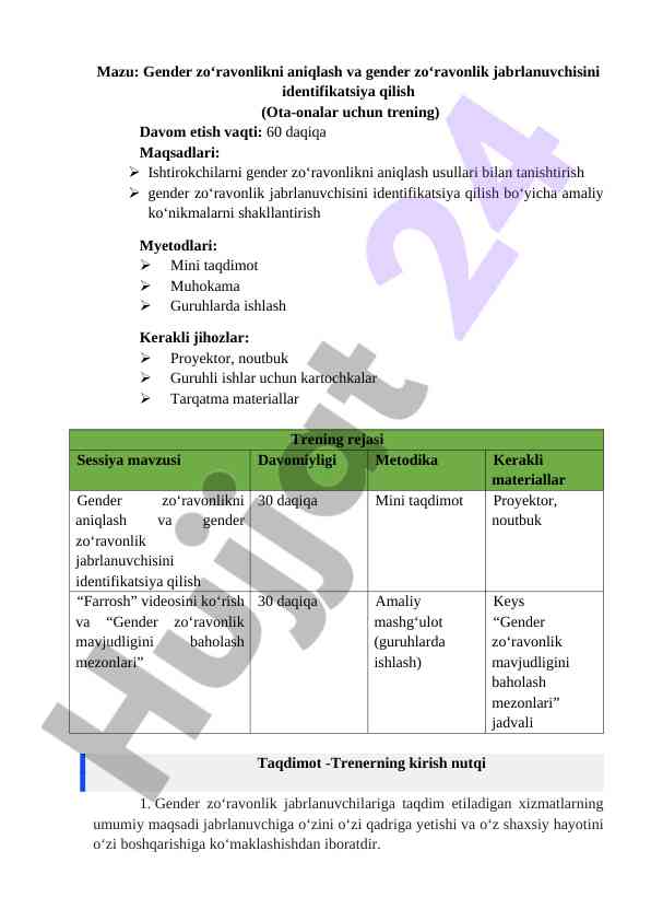 Gender zoʻravonlikni aniqlash treningi
