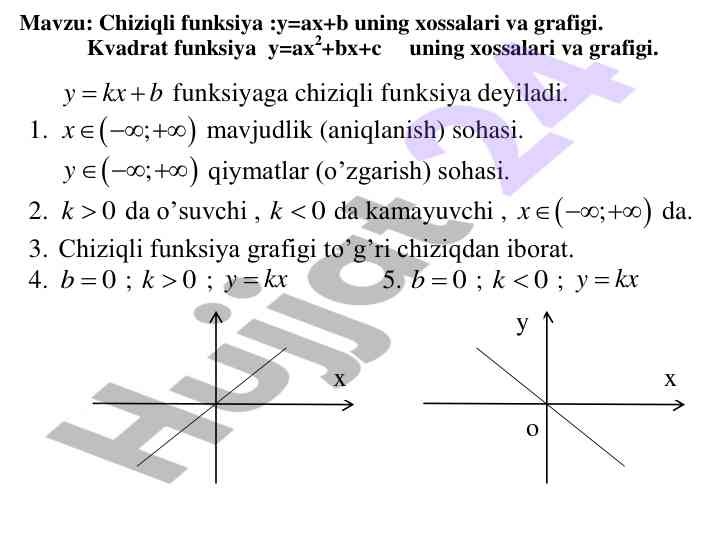 Chiziqli va kvadrat funktsiyalar xossalari