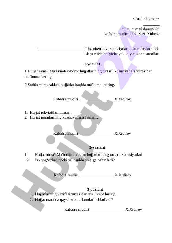 Davlat tilida ish yuritish bo‘yicha nazorat savollari