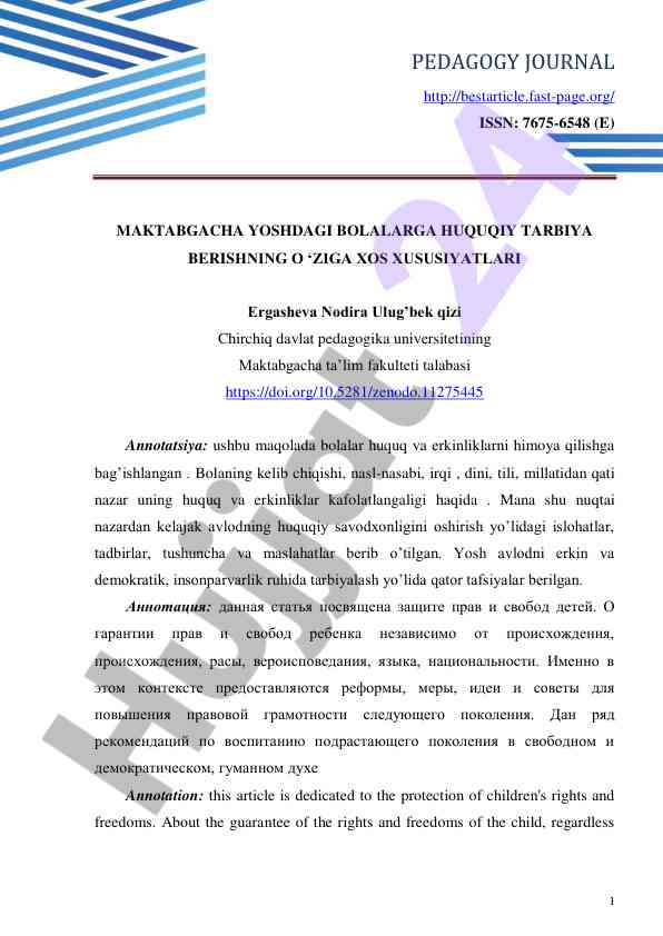 Maktabgacha bolalarga huquqiy tarbiya xususiyatlari