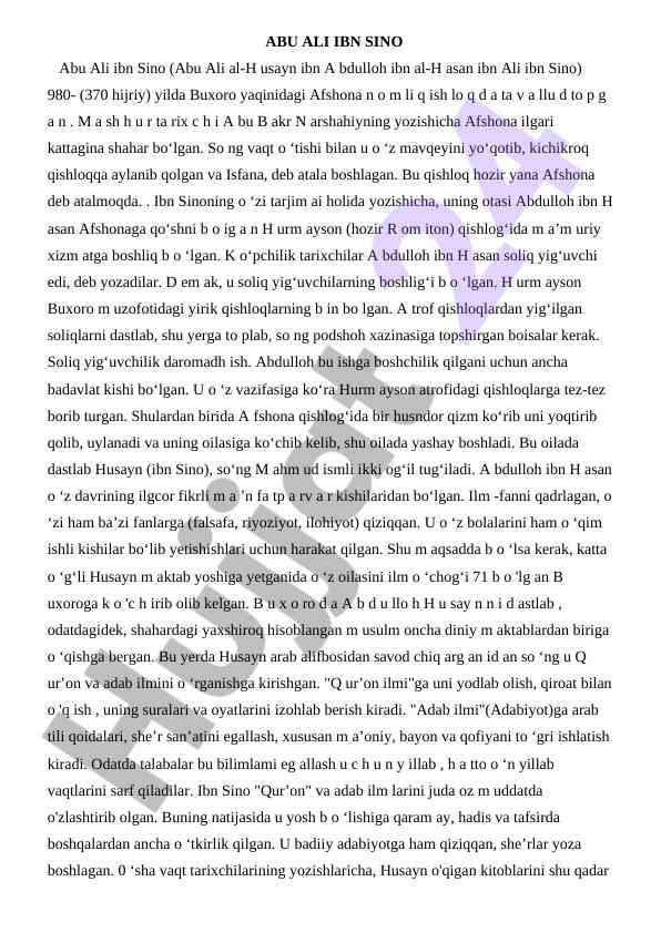 Abu ali ibn sino: hayoti va ijodi
