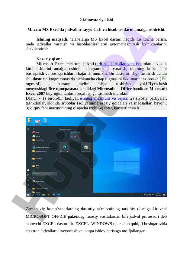 Ms excelda jadvallar tayyorlash va hisoblashlar