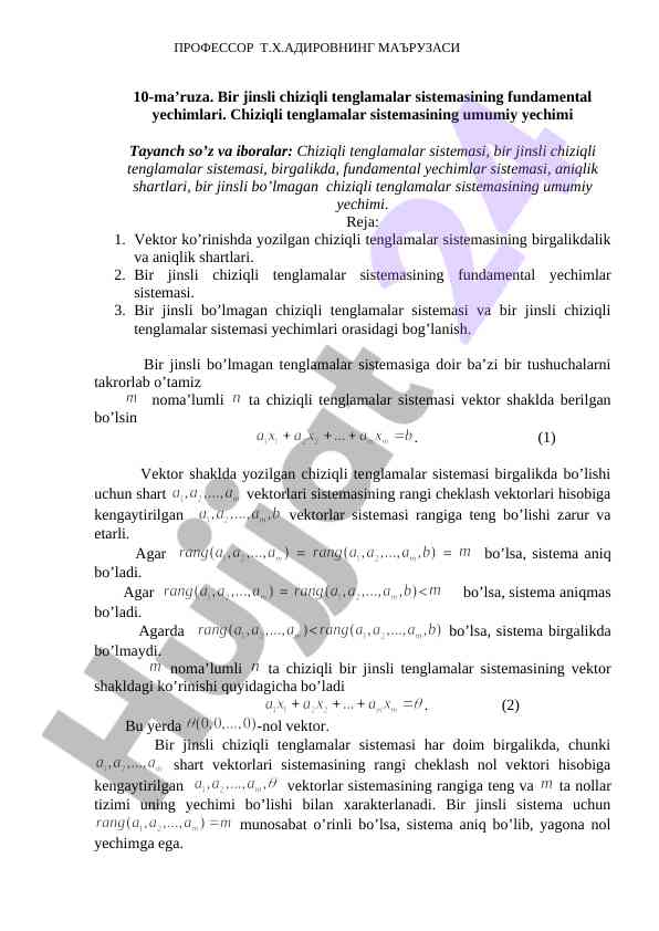 Bir Jinsli Chiziqli Tenglamalar Sistemasining Yechimlari