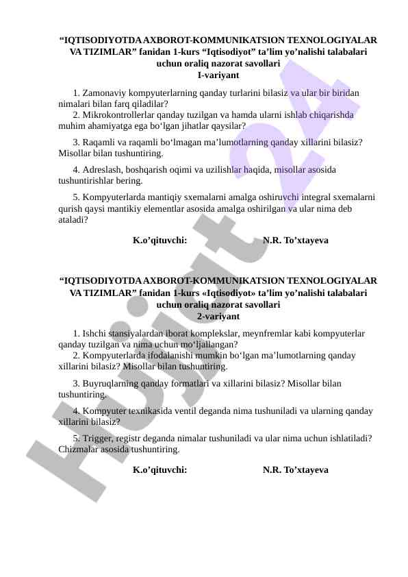 Iqtisodiyot fanidan oraliq nazorat savollari