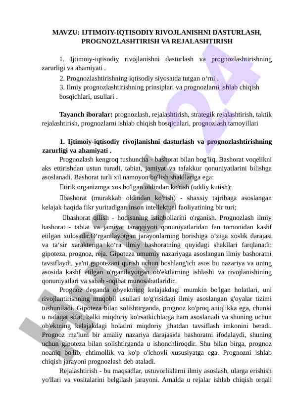 Ijtimoiy-iqtisodiy rivojlanishni dasturlash va prognozlash