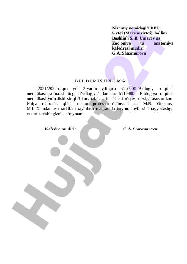 Zoologiya fanidan kurs ishlariga rahbarlik