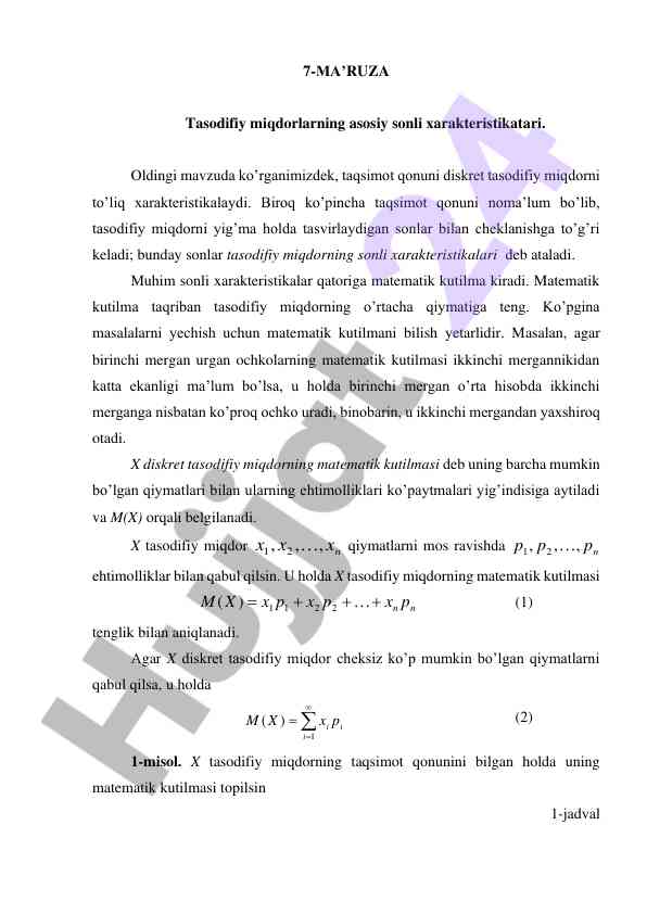 Tasodifiy miqdorlarning sonli xarakteristikalari