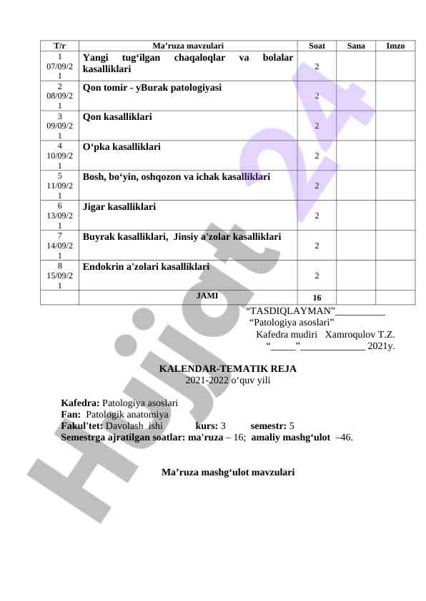 Kalendar-tematik reja 2021-2022 o'quv yili