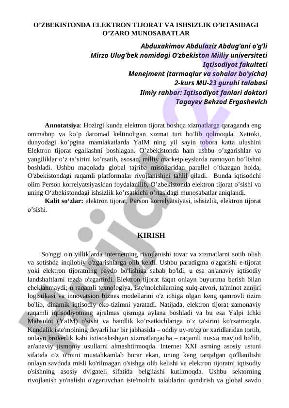 O'zbekistonda elektron tijorat va ishsizlik munosabatlari