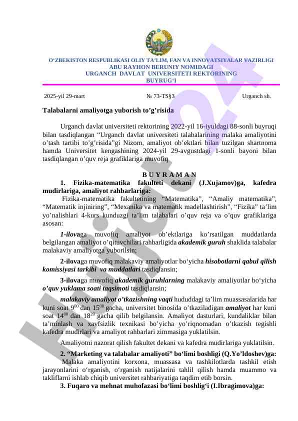 Talabalarni amaliyotga yuborish to‘g‘risida buyrug‘