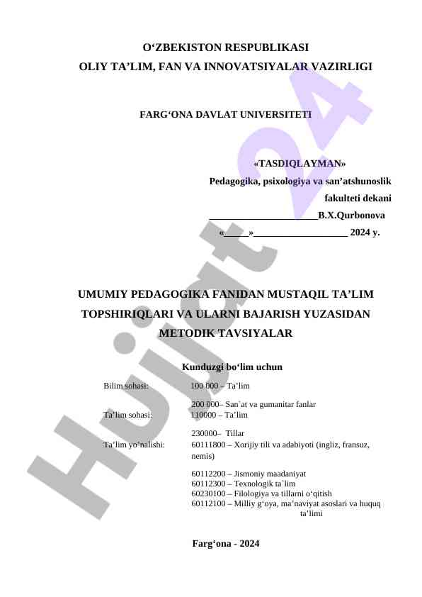 Umumiy pedagogika fanidan mustaqil ta’lim tavsiyalari