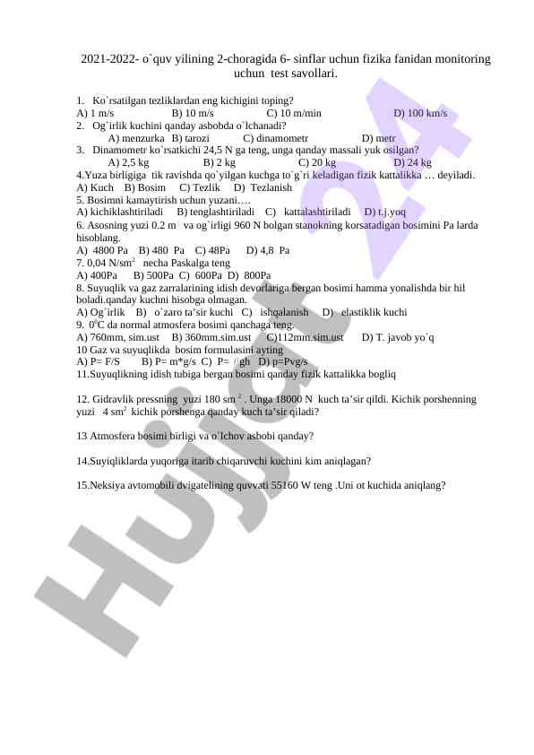 Fizika fanidan monitoring test savollari 6-sinflar uchun