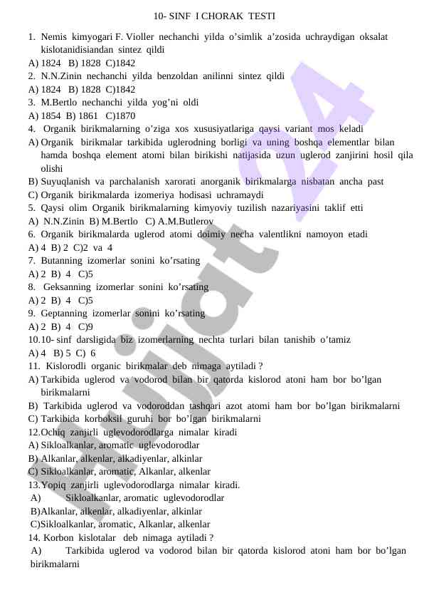 10-sinf i chorak testi bo'yicha kimyo savollari