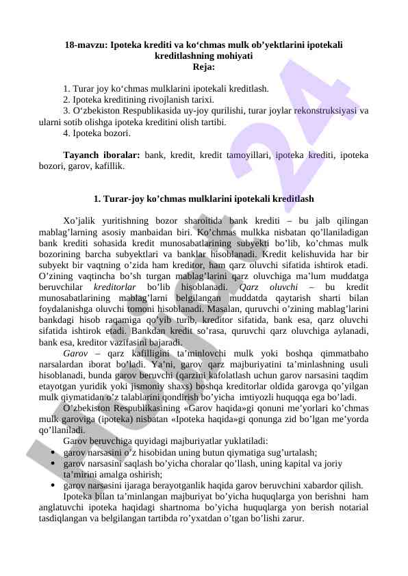 Ipoteka krediti va ko‘chmas mulk ob’yektlari