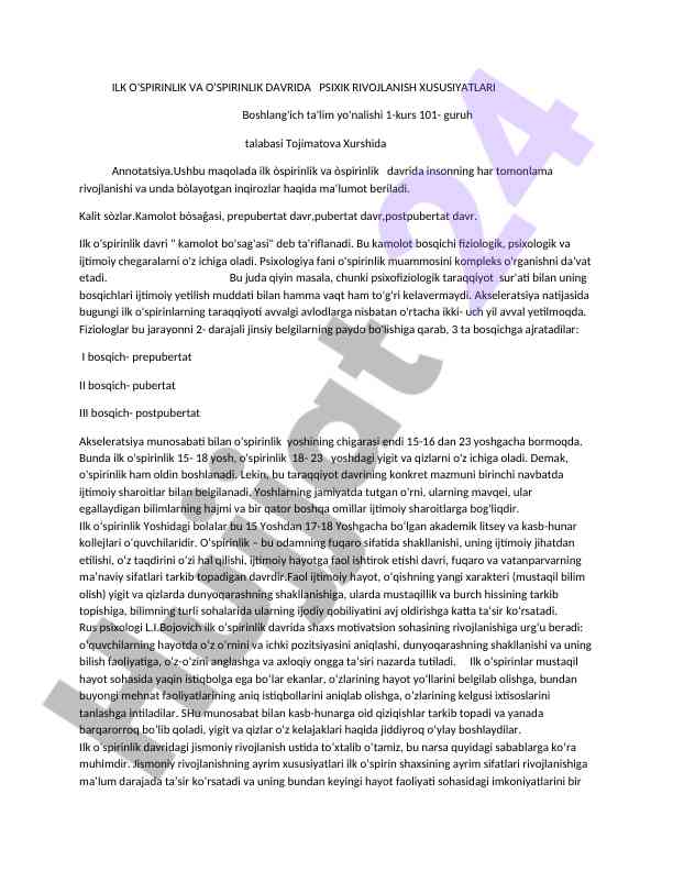 Ilk o'spirinlik va rivojlanish xususiyatlari