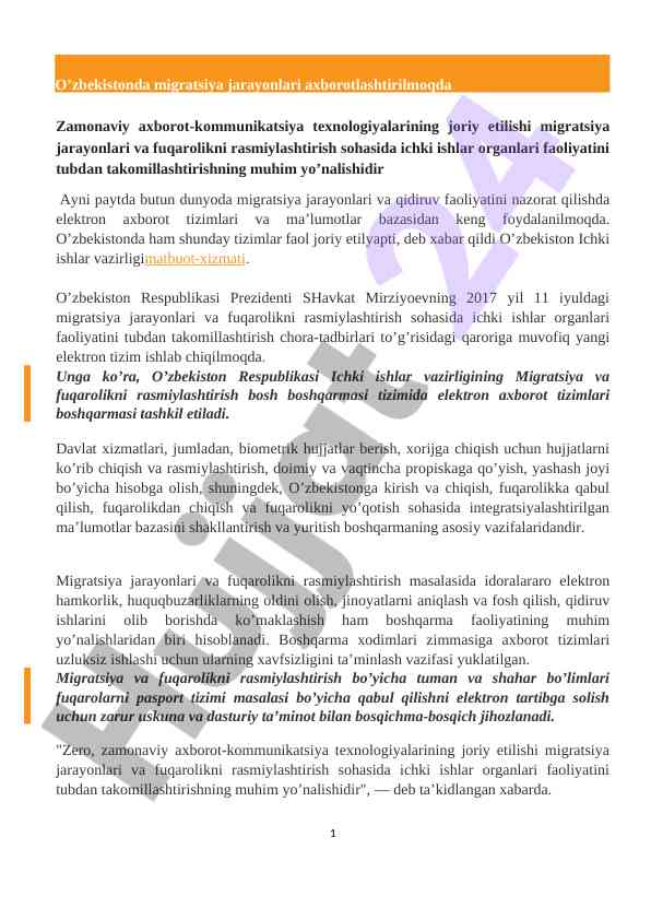 O‘zbekiston migratsiya jarayonlarida elektron tizimlar