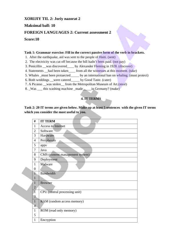 Grammar exercises and it terms assessment