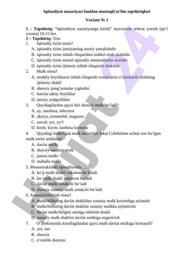Iqtisodiyot nazariyasi mustaqil ta'lim topshiriqlari
