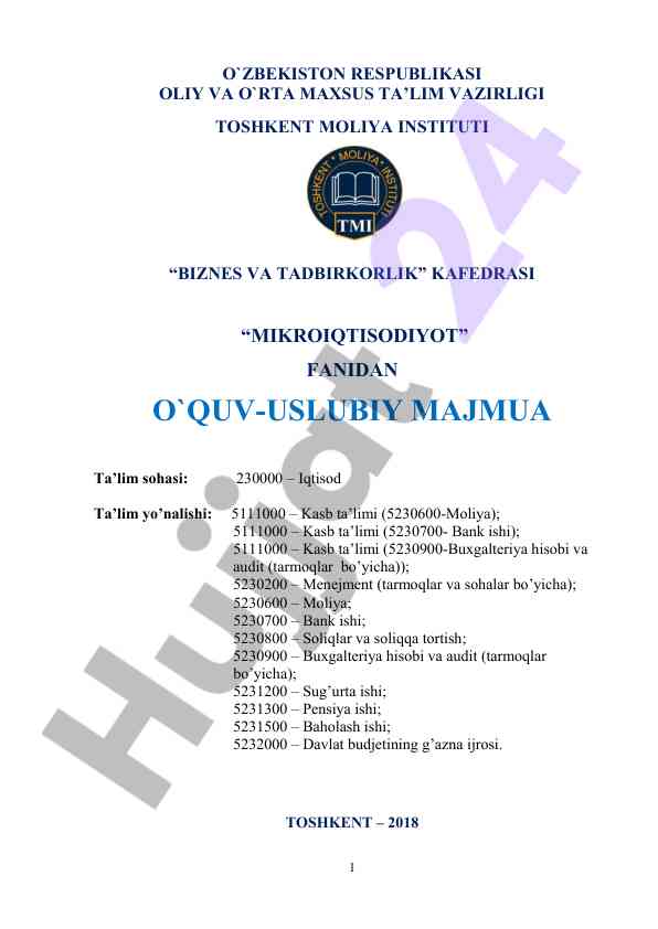 Mikroiqtisodiyot fanidan o‘quv-uslubiy majmua