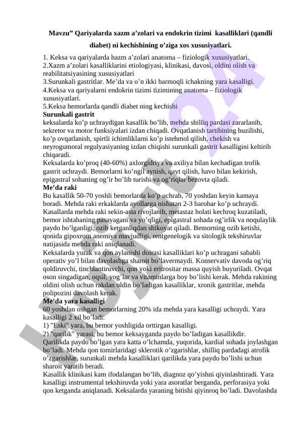 Qariyalarda xazm a’zolari va endokrin tizimi kasalliklari