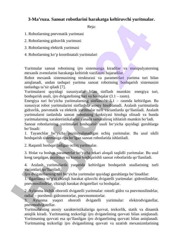Sanoat robotlarining yuritmalari tahlili
