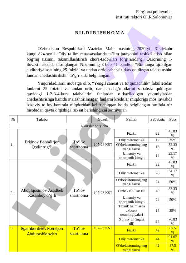 Oliy ta’lim muassasalarida dars qoldirish qoidalari