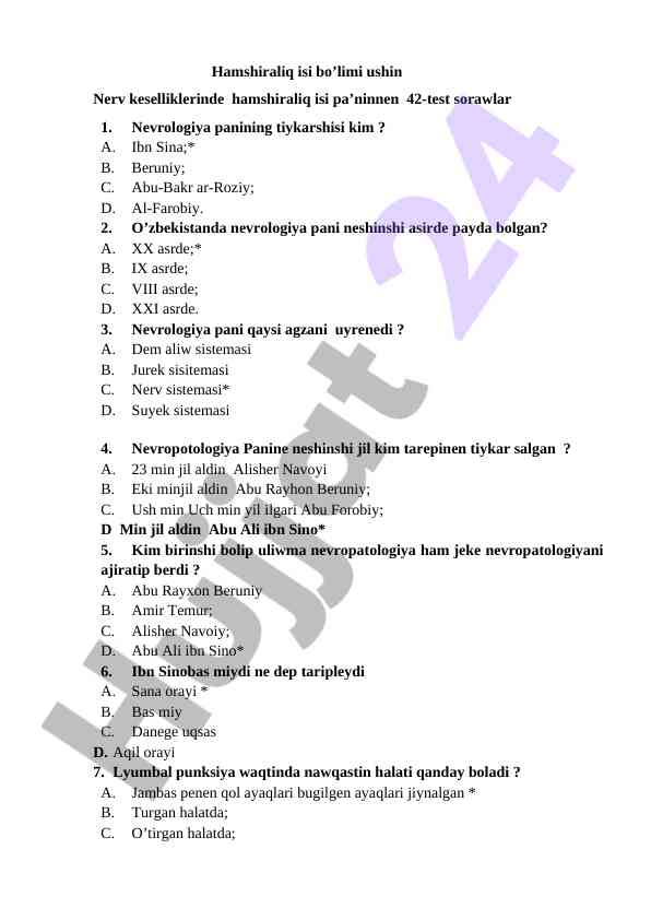 Nevrologiya paniga oid test savollari