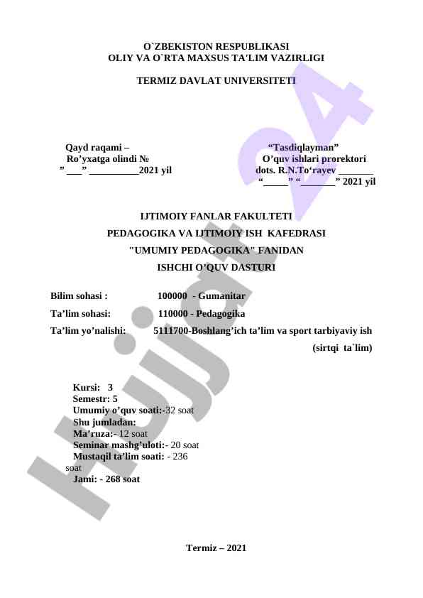 Umumiy pedagogika fanidan ishchi o'quv dasturi