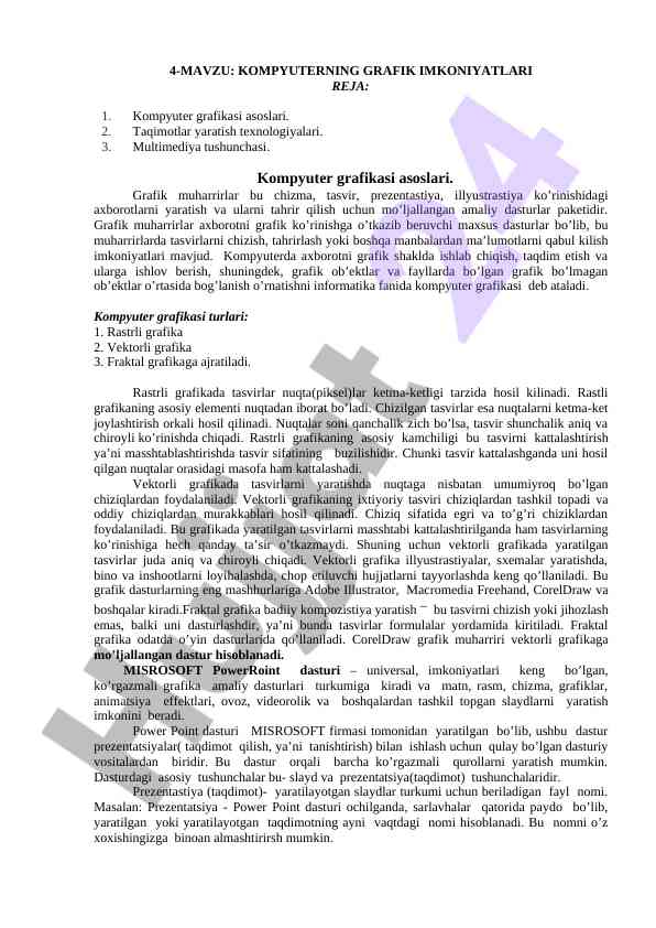 Kompyuterning grafik imkoniyatlari va turi