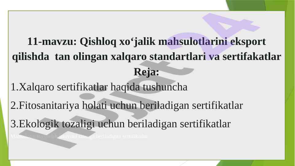 Qishloq xo‘jalik mahsulotlarini eksport standartlari