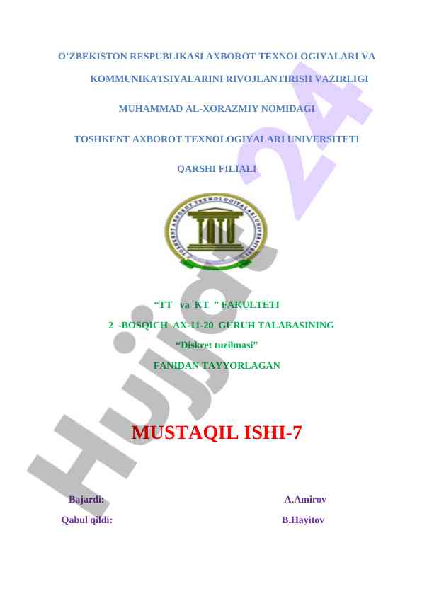 Diskret tuzilmasi fanidan mustaqil ish