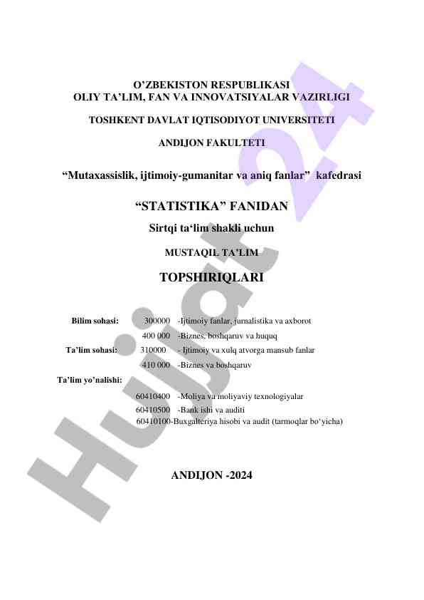 Statistika fanidan mustaqil ta'lim topshiriqlari