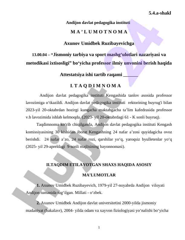 Professor ilmiy unvoni berish taqdimnomasi