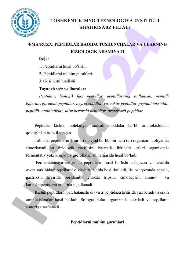Peptidlar haqida tushunchalar va ularning ahmiyati