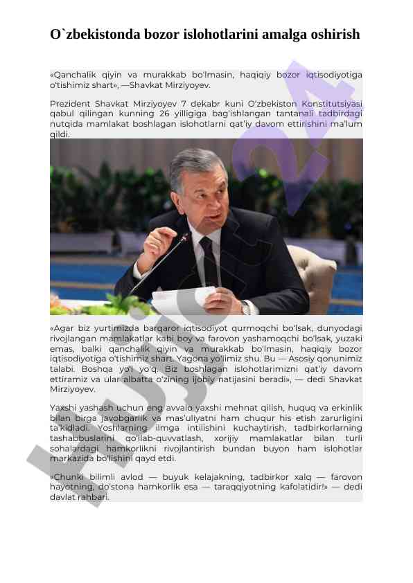 O‘zbekiston bozor iqtisodiyotiga o‘tish jarayoni