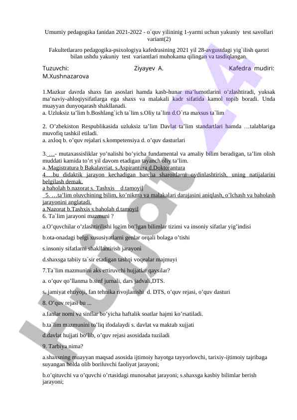 2021-2022 o‘quv yili yakuniy test savollari