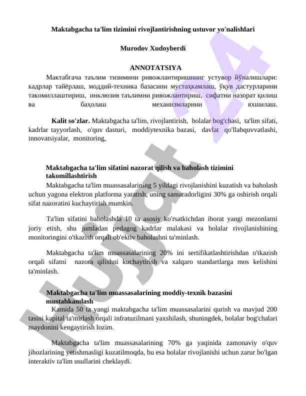 Maktabgacha ta'lim tizimini rivojlantirish yo'nalishlari