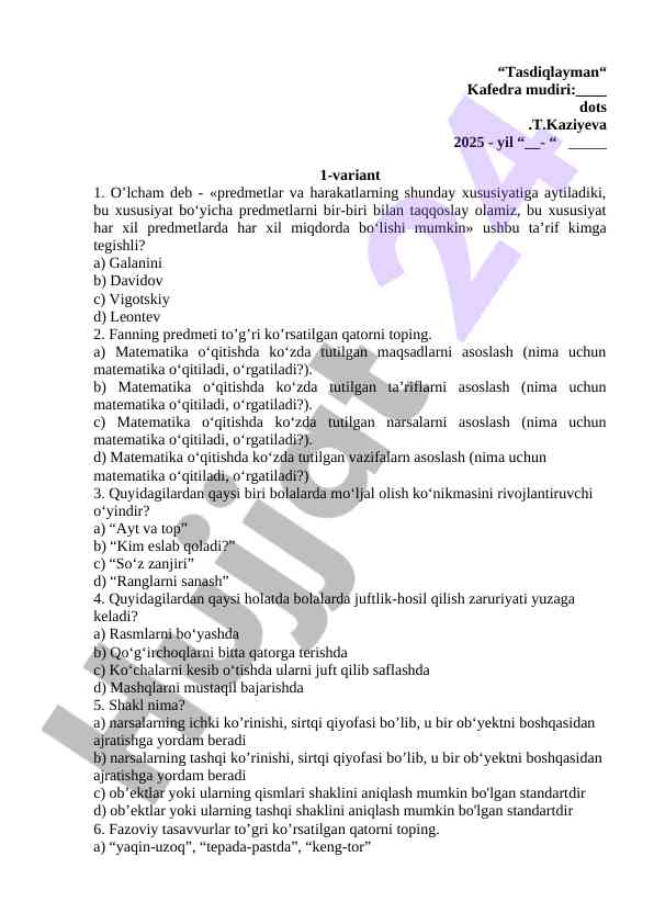 Matematika o'qitish yoshlar uchun test savollari