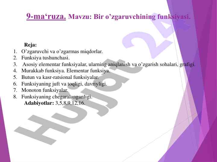 O‘zgaruvchilar va funksiyalar mavzusi bo‘yicha ma‘ruza