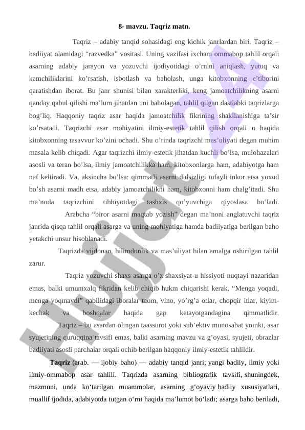 Taqriz janri: adabiy tanqid sohasidagi oʼrnini oʼrganish