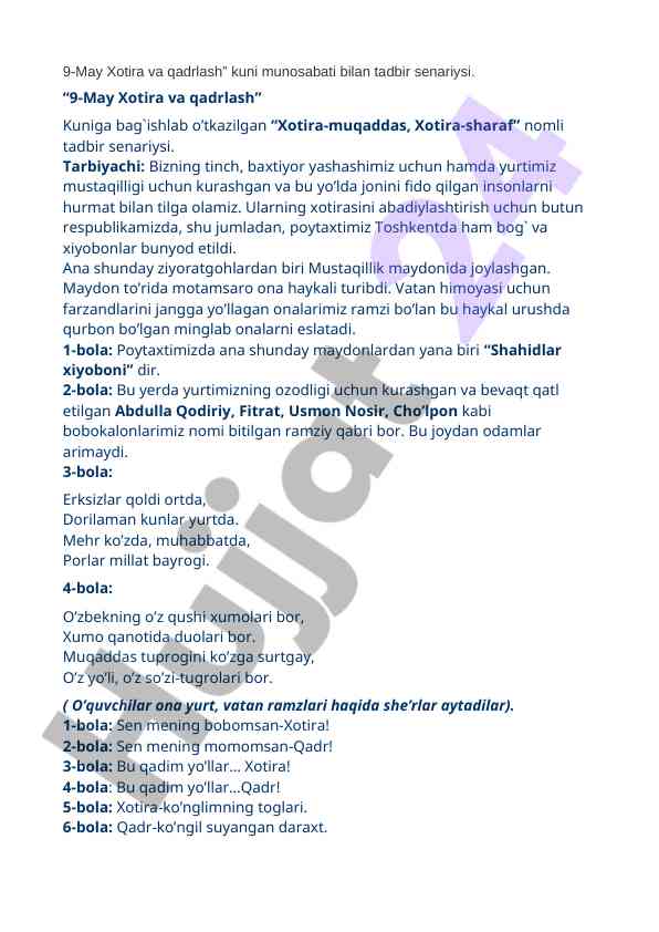 9-may xotira va qadrlash kuni tadbir senariysi